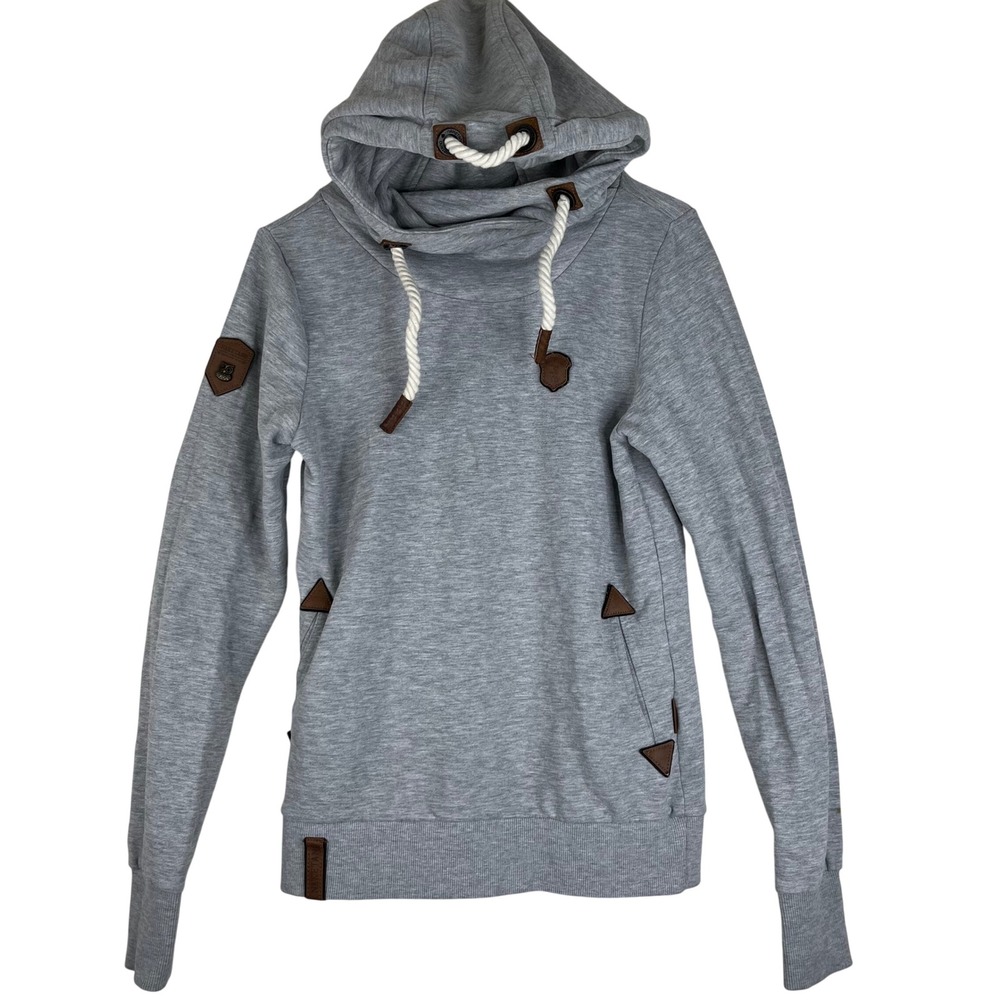 Naketano Hoodie Womens Medium Gray Cowl Neck Rope Drawstring Faux Leather Trim
